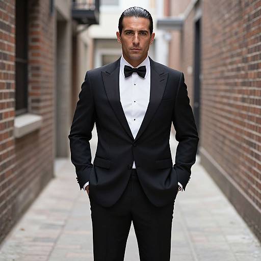 Man in Black Tuxedo with Bow Tie in Urban Alleyway