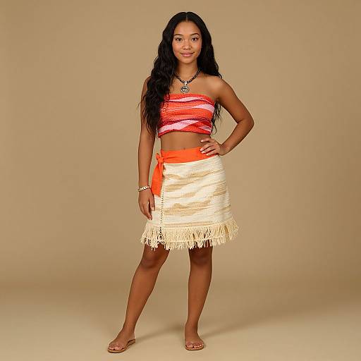 Young Woman in Vibrant Beach-Inspired Outfit with Towel Wrap Top and Fringe Skirt