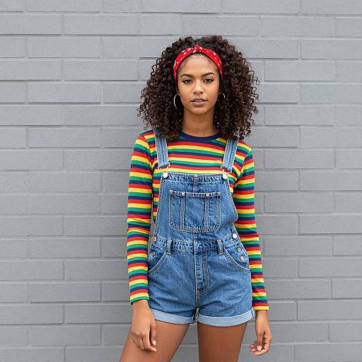 Young Woman in Colorful Striped Shirt and Denim Overalls Gen Z Style