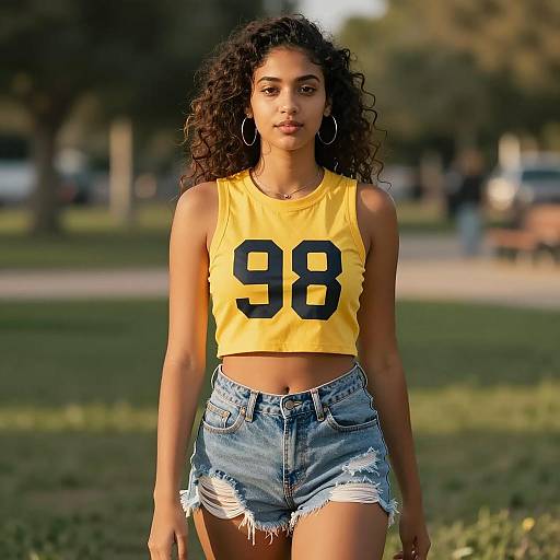 Young Woman Wearing Yellow 98 Crop Top and Distressed Denim Shorts Outdoors - Gen Z Style