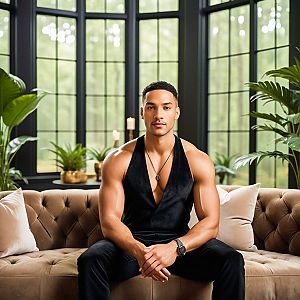Confident Young Man on Beige Sofa in Bright Room