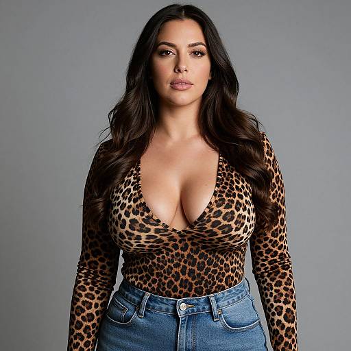 Confident Woman Wearing Leopard Print Top and Blue Jeans in Studio