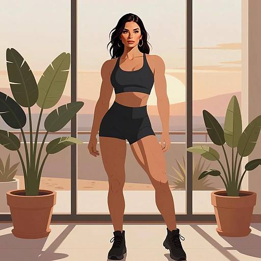 Confident Woman in Athletic Wear in Sunlit Room Digital Illustration