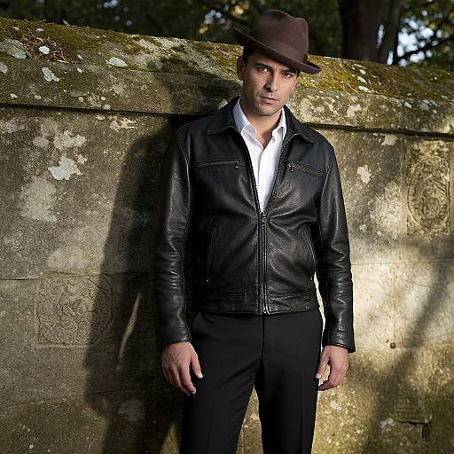Man in Brown Fedora Hat and Black Leather Jacket by Stone Wall