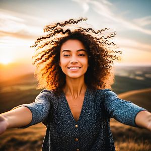 Young Woman Smiling Outdoors at Golden Hour