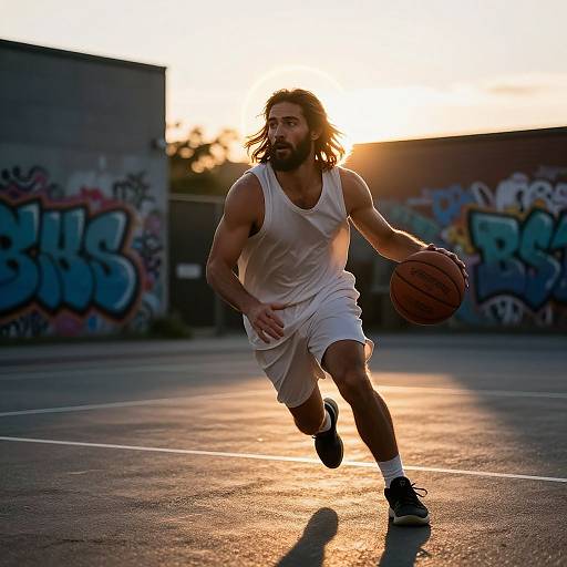 Man Playing Basketball on Outdoor Court at Sunset with Graffiti Background