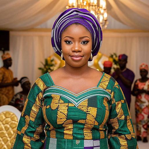 Elegant African Woman in Traditional Green and Gold Attire with Purple Headwrap