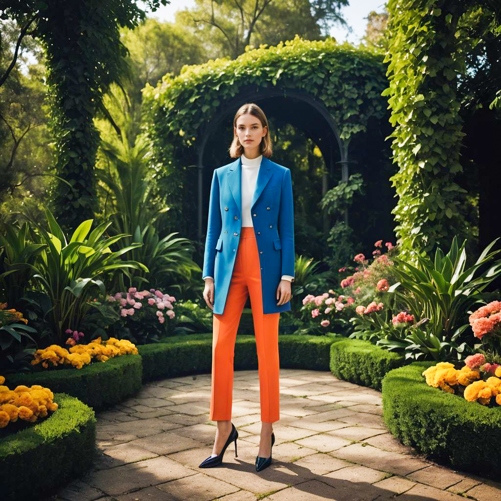 Fashionable Woman in Blue Blazer and Orange Trousers in Garden