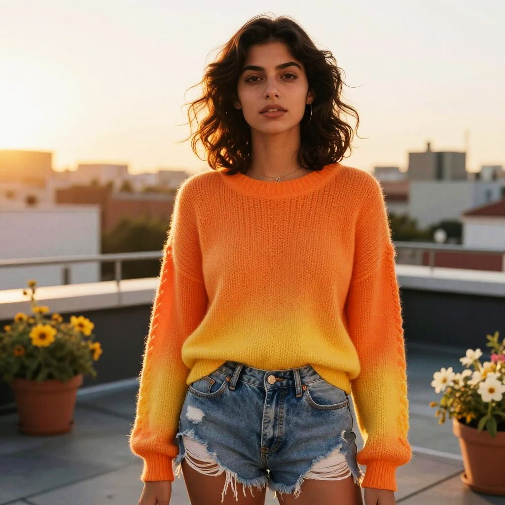 Young Woman in Gradient Orange Sweater and Distressed Denim Shorts on Rooftop