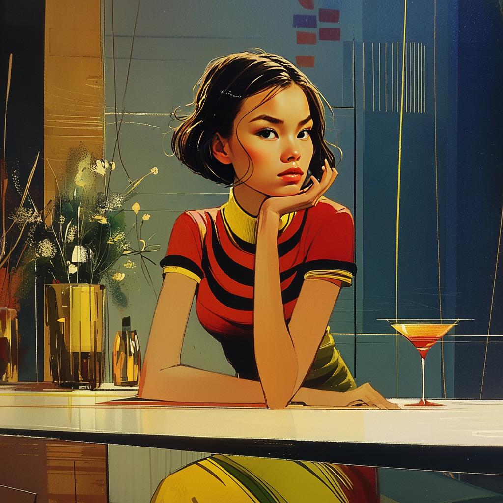 Stylish Woman Sitting at Bar Counter in Retro Digital Art