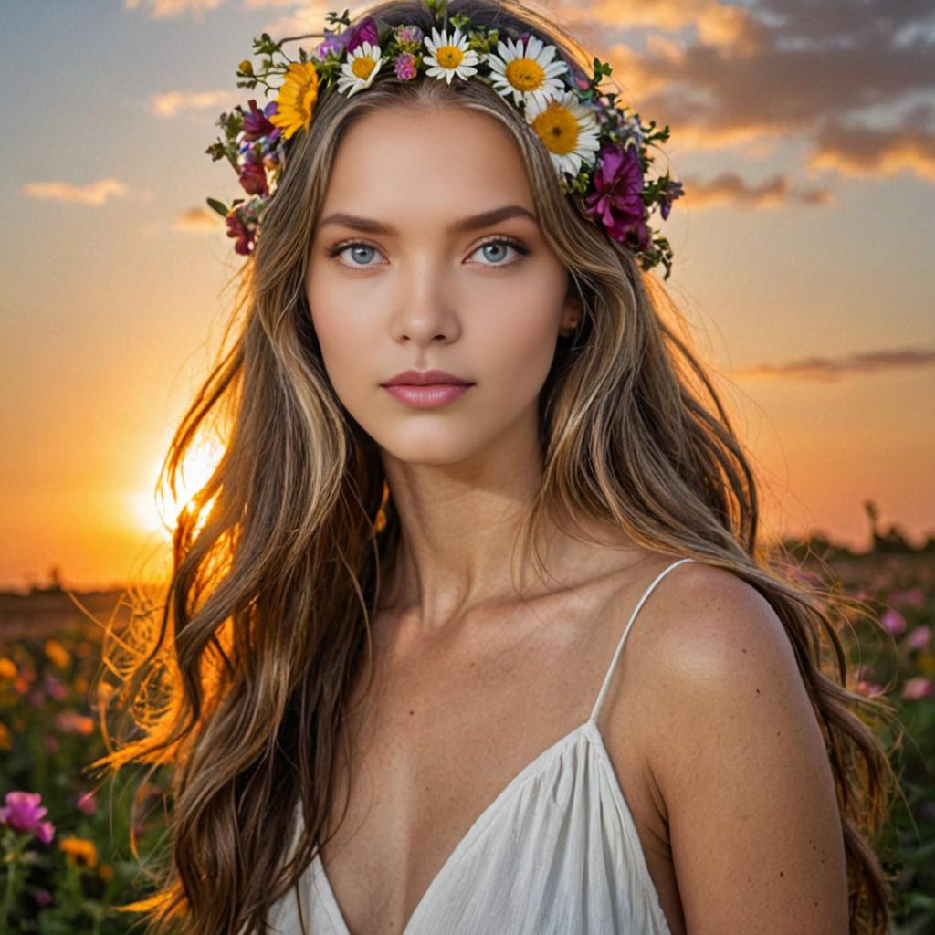 Bohemian Woman in Floral Crown at Sunset