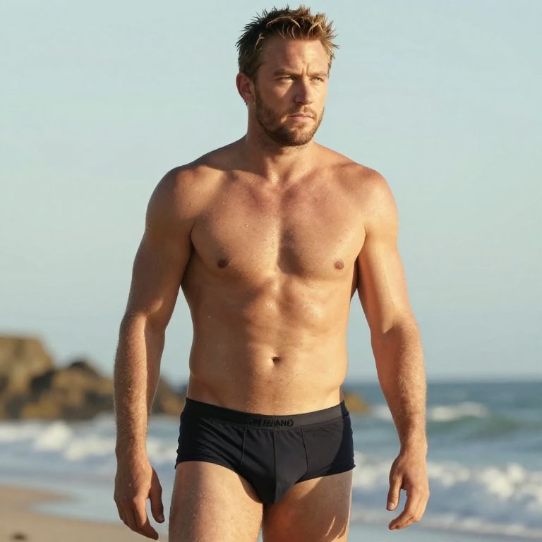 Muscular Man in Black Swim Trunks on Beach with Ocean Background