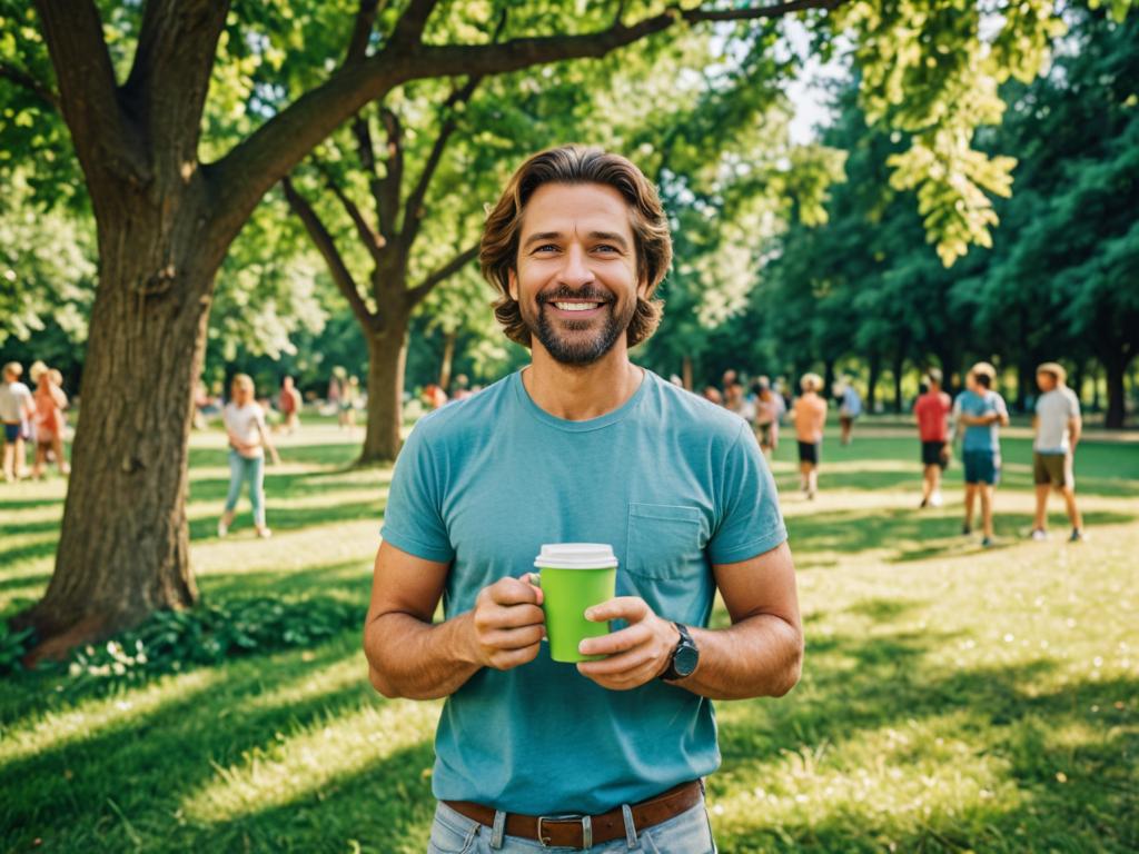 Joyful man with coffee in sunlit park