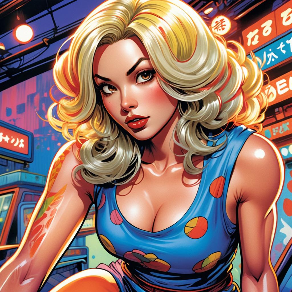Stylized Digital Art of Blonde Woman in Neon Urban Nightlife Scene