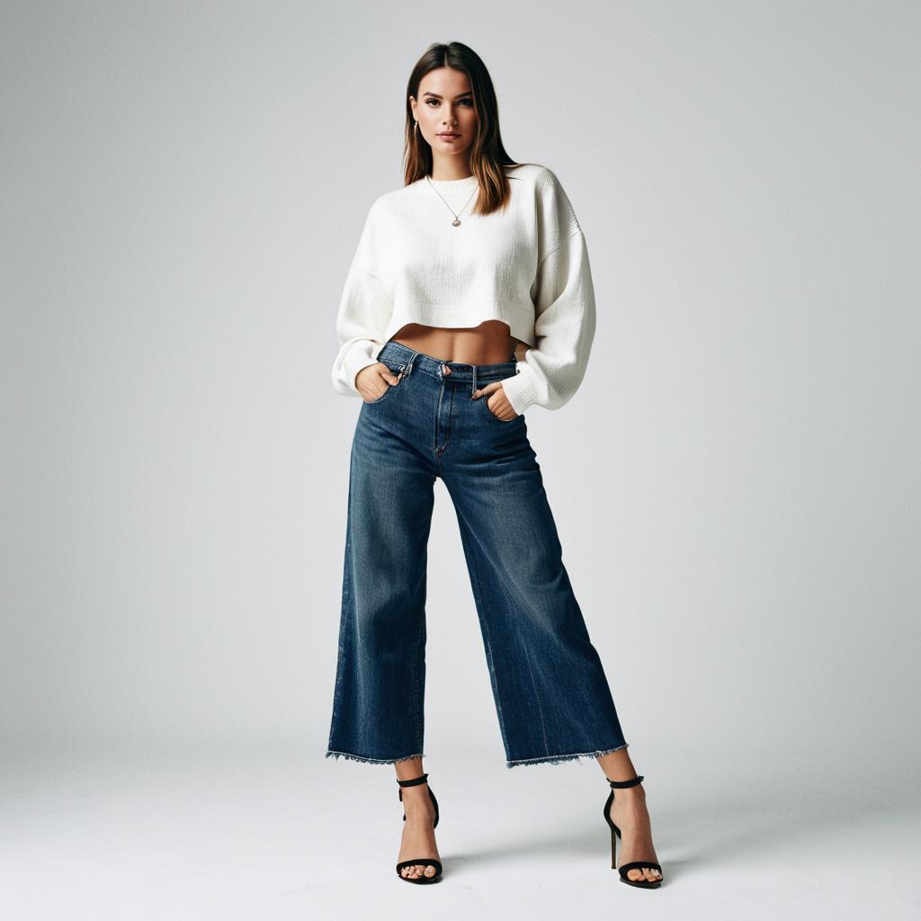 Woman in White Cropped Sweater and Wide-Leg Denim Jeans Fashion Portrait