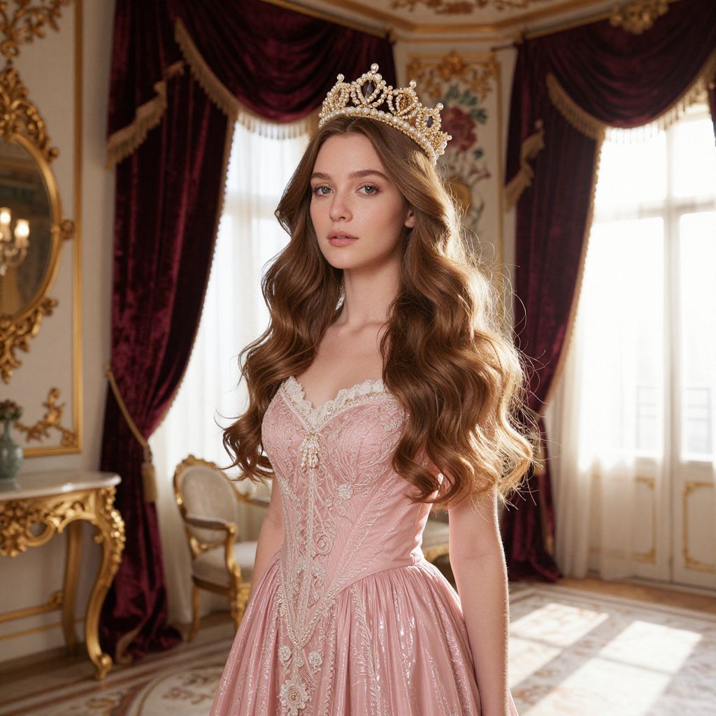 Elegant Woman in Pink Ball Gown and Pearl Crown in Luxurious Room