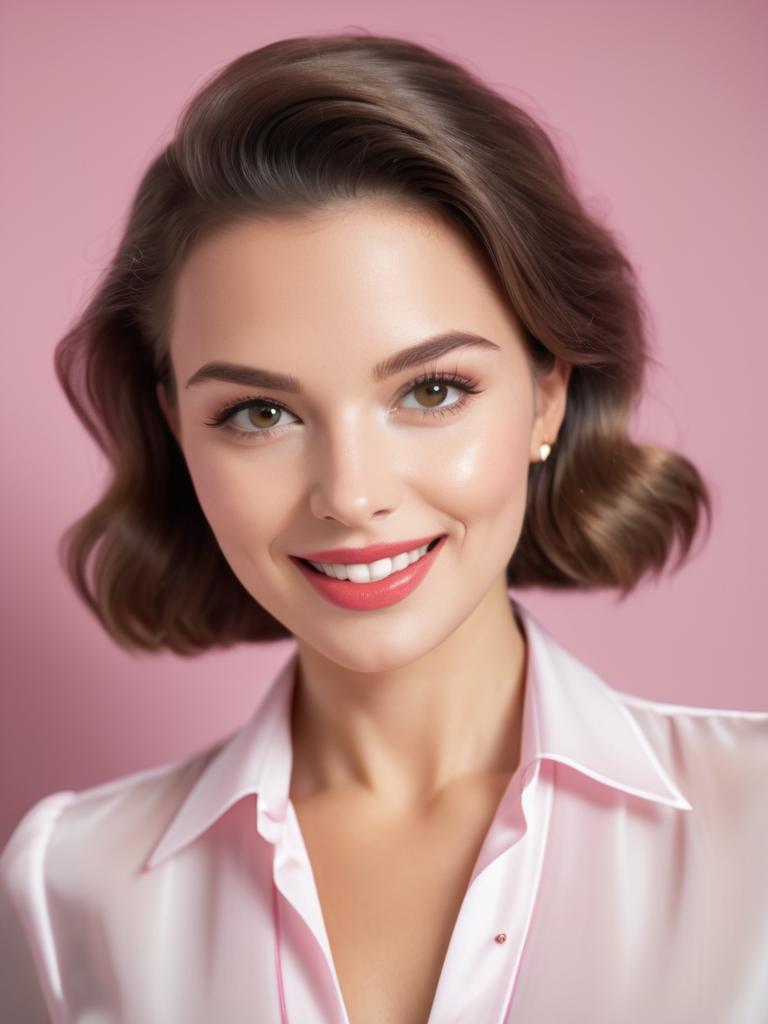 Woman with Short Wavy Hair Against Soft Pink Background