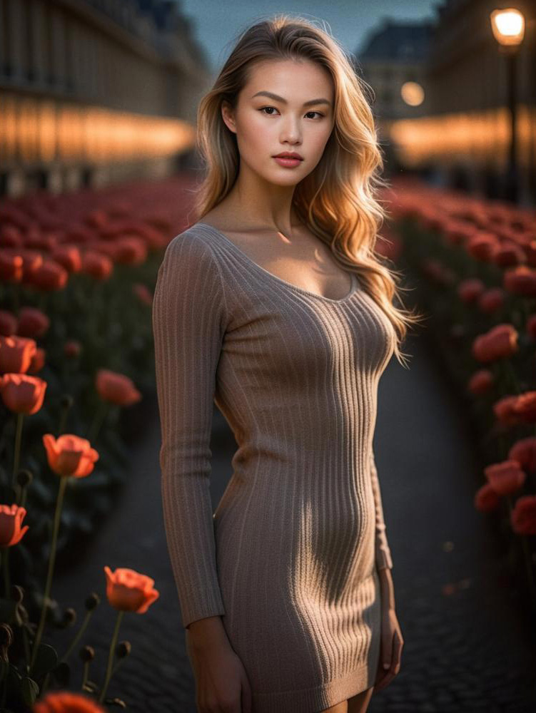 Elegant Woman in Tulip Garden at Dusk