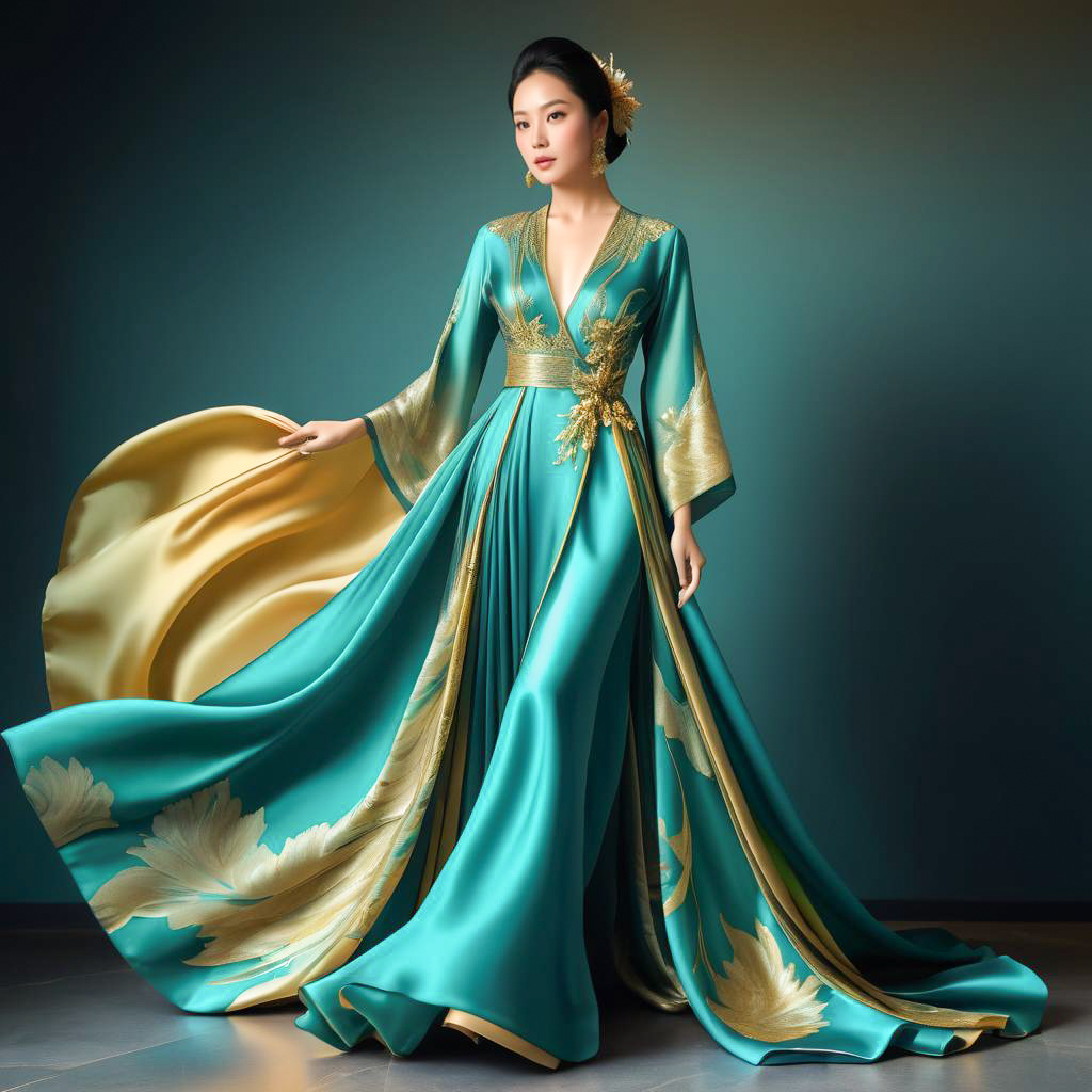 Elegant Woman in Turquoise Gown with Gold Patterns