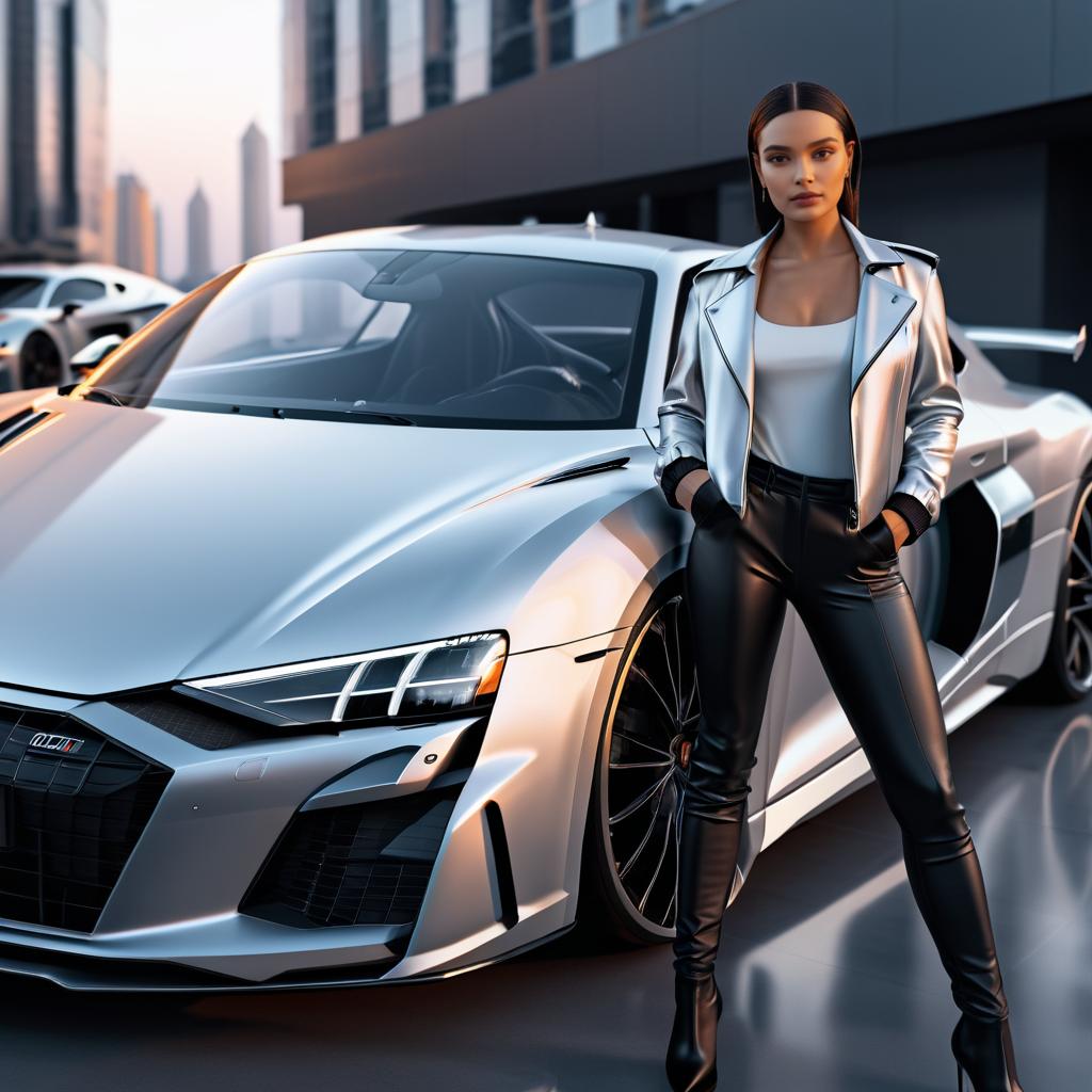 Confident Woman in Silver Jacket by Sports Car