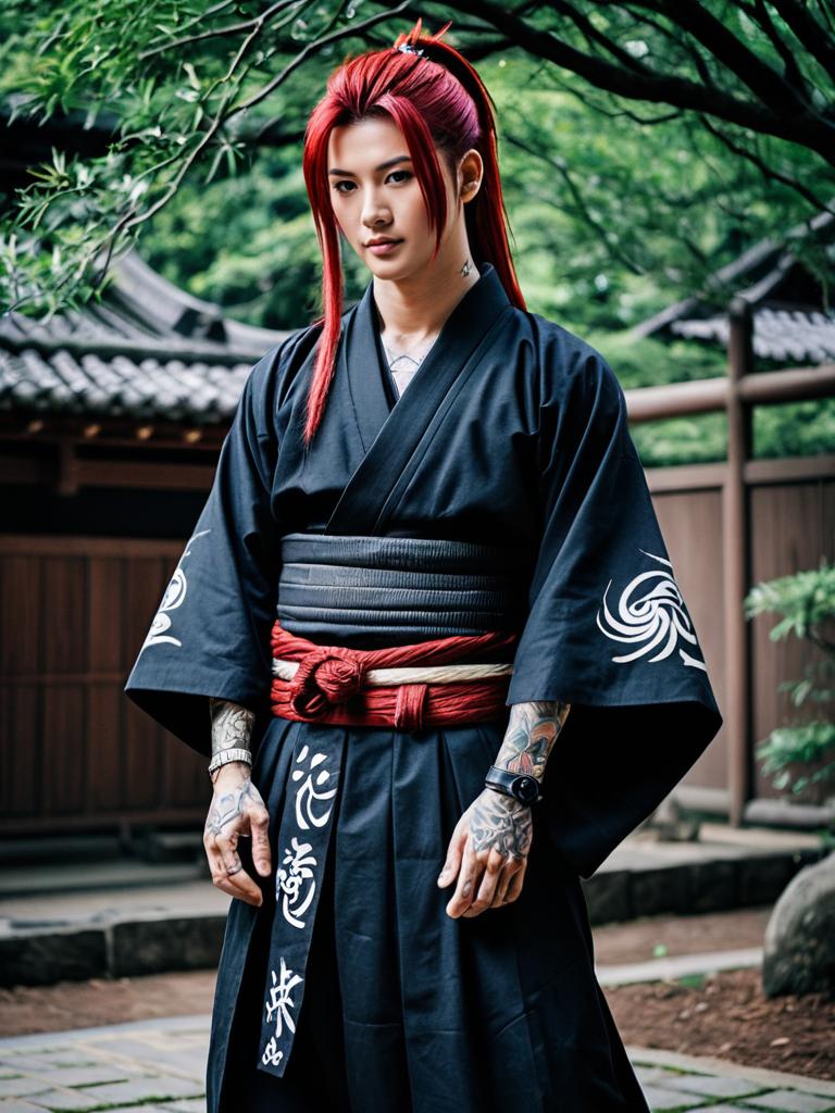 Abarai Renji Inspired Man in Black Kimono with Red Hair in Traditional Japanese Setting