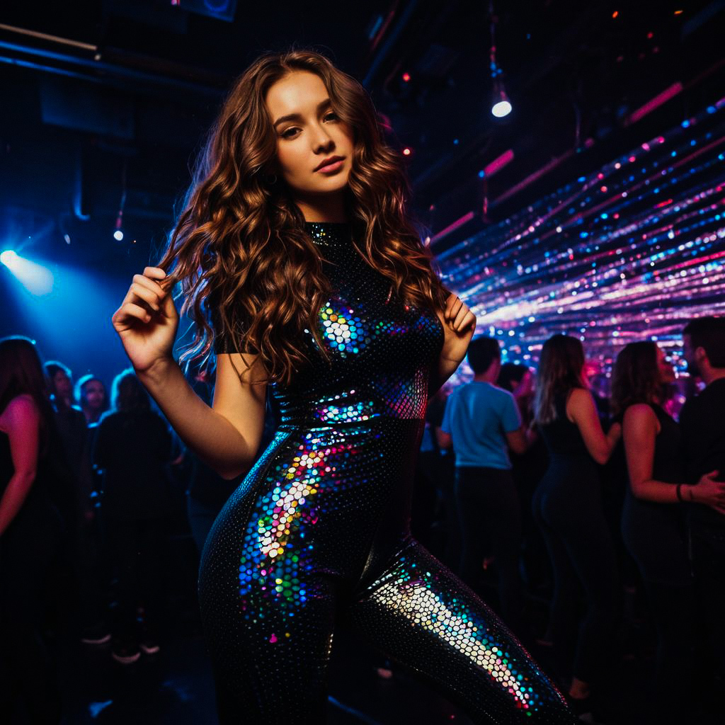 Confident Woman in Black Bodysuit at Nightclub