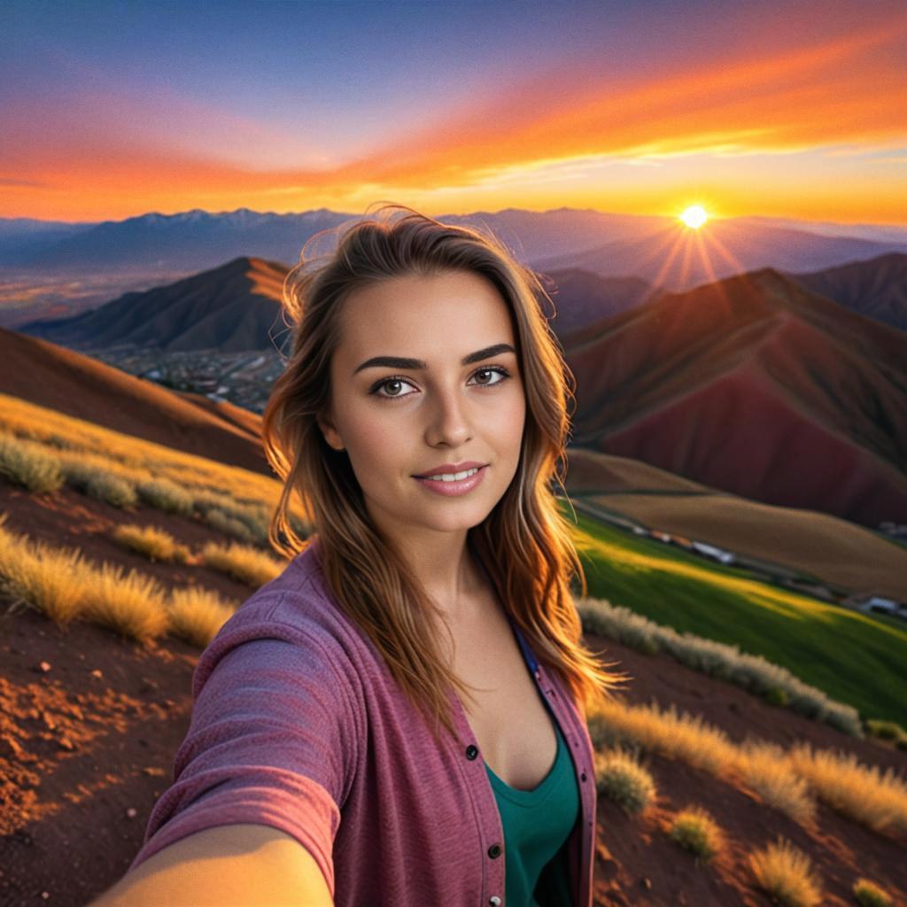 Woman Selfie at Sunset on Mountain Slope