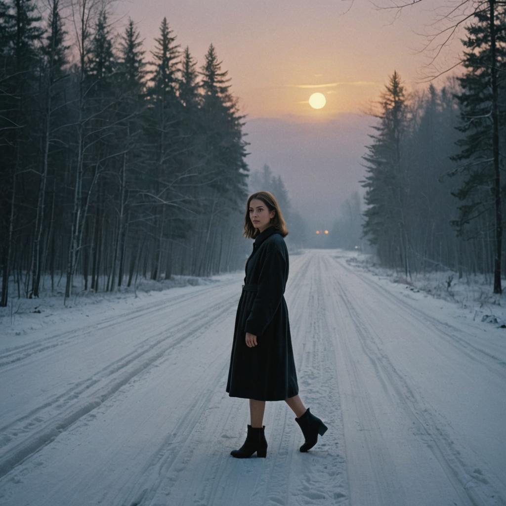 Contemplative Woman in Snowy Forest at Sunset