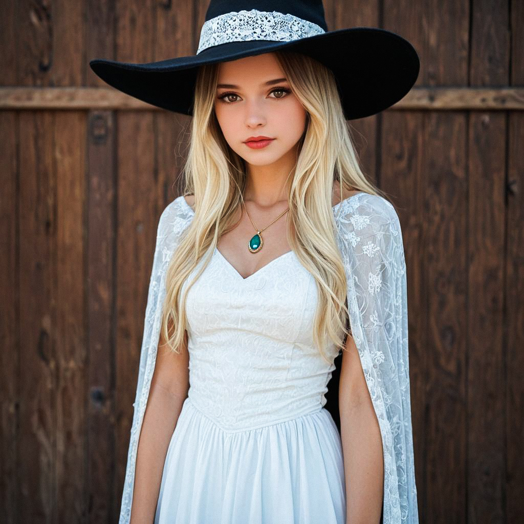 Elegant Woman in White Dress with Black Hat