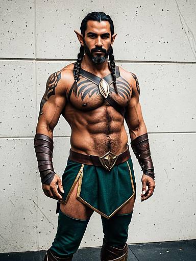 Realistic Fantasy Warrior Elf Cosplay of Muscular Man with Tattoos