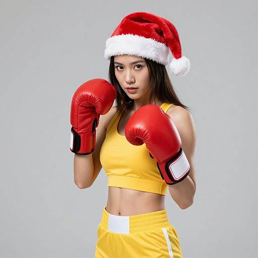 Woman in Santa Hat Boxing Gloves Yellow Sportswear