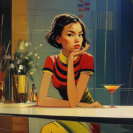 Stylish Woman Sitting at Bar Counter in Retro Digital Art
