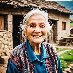Joyful elderly woman outside rustic house