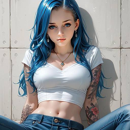 Hyper-Realistic Portrait of Blue-Haired Woman with Floral Tattoos and White Crop Top