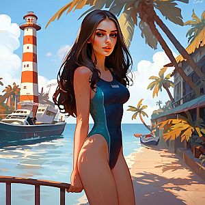 Woman in Blue Swimsuit by Seaside Dock