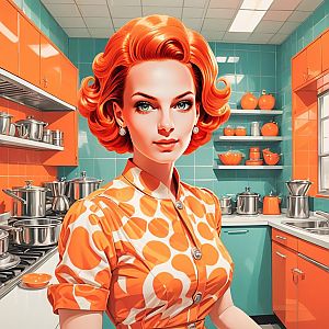 Woman with Orange Hair in Retro Kitchen