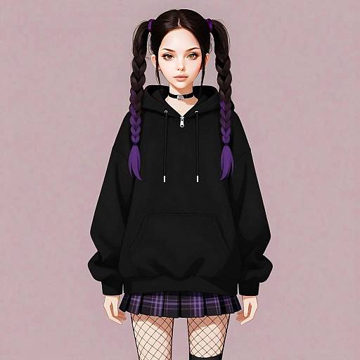Stylish Young Woman in Black Hoodie and Purple Plaid Skirt Digital Art
