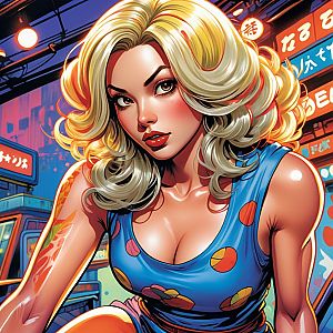 Stylized Digital Art of Blonde Woman in Neon Urban Nightlife Scene