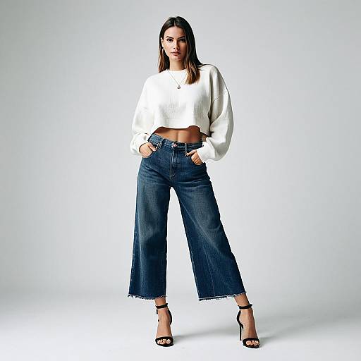 Woman in White Cropped Sweater and Wide-Leg Denim Jeans Fashion Portrait