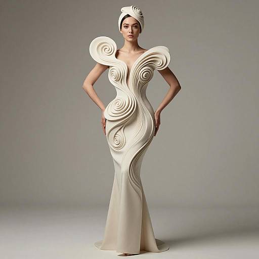 Avant-Garde Sculptural Dress with Spiral Patterns and Matching Headpiece