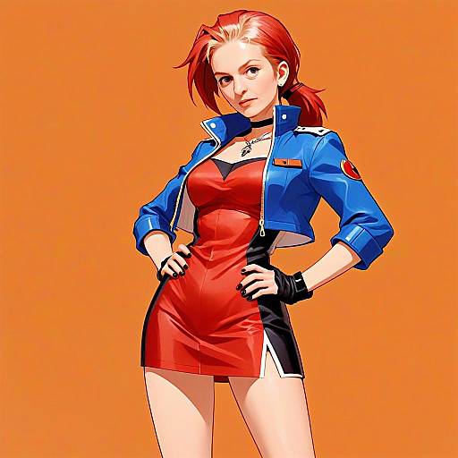Confident Woman in Red Dress and Blue Jacket Digital Illustration