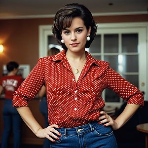Retro 1950s Woman in Red Polka-Dot Blouse and Jeans Inspired by Grease Rizzo