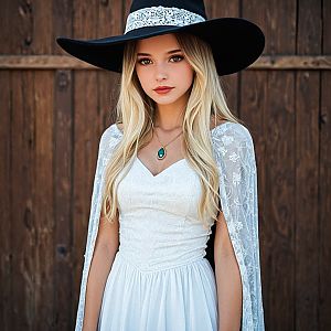 Elegant Woman in White Dress with Black Hat