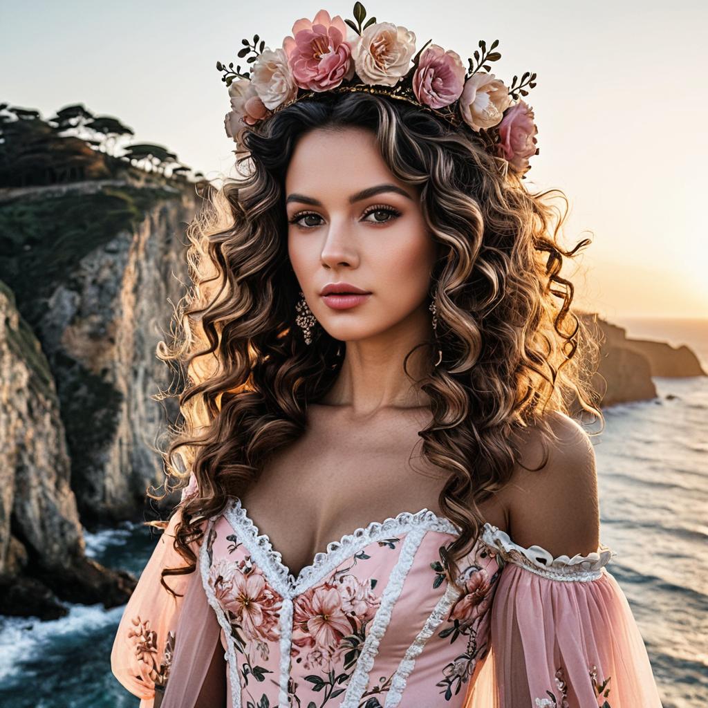 Elegant Woman with Floral Crown in Pink Gown by Coastal Cliff at Sunset