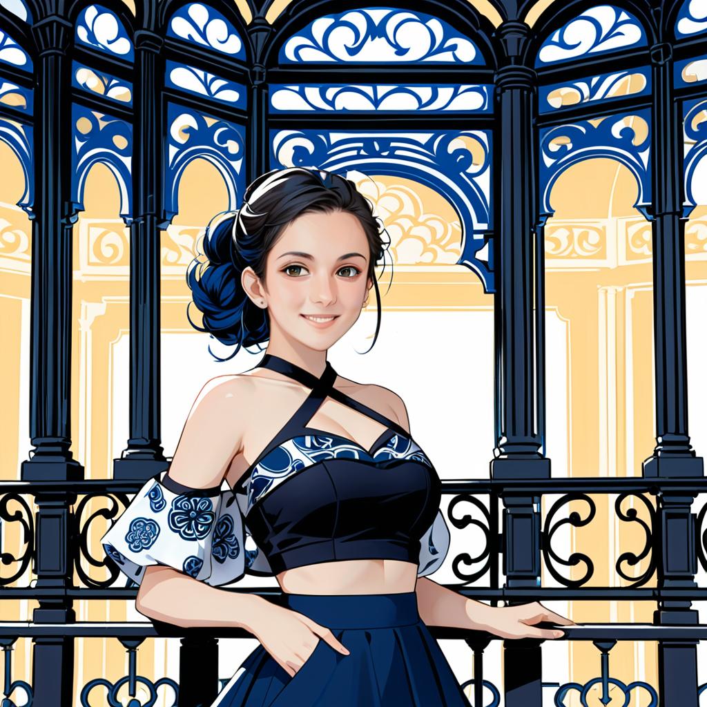 Charming Anime Woman in Blue Attire on Wrought-Iron Balcony