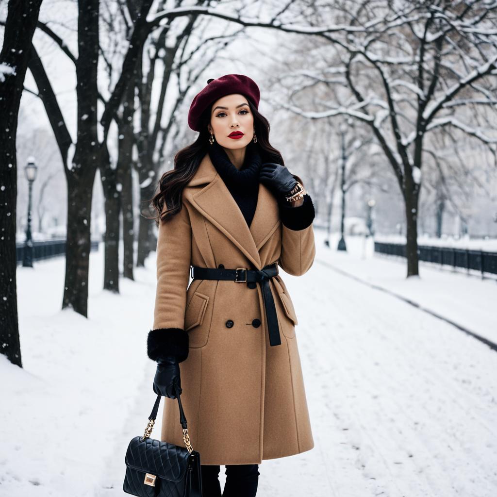 Elegant Woman in Camel Coat and Burgundy Beret on Snowy Winter Path