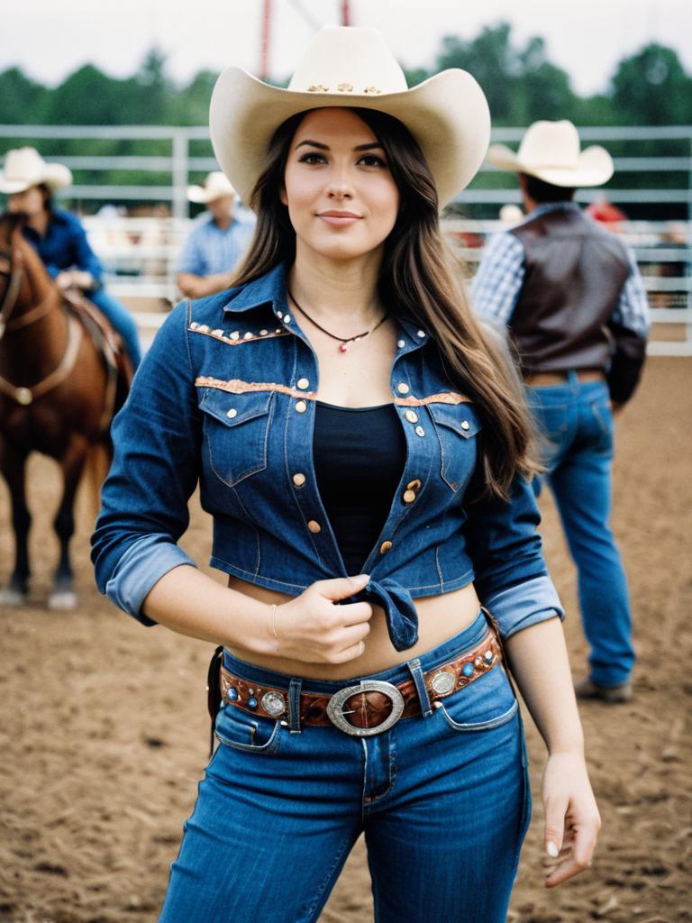 Cowgirl Outfit Woman in Denim Jeans at Rodeo Cosplay Portrait