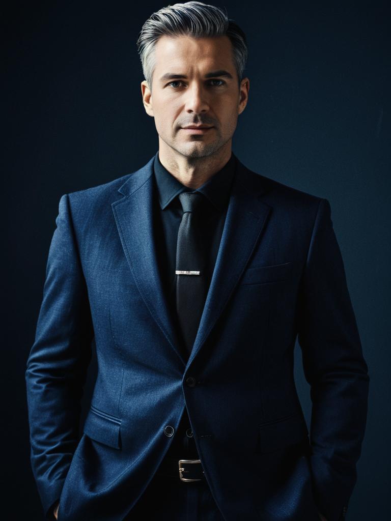 Man in Navy Blue Suit with Black Shirt Waist Up Editorial Portrait