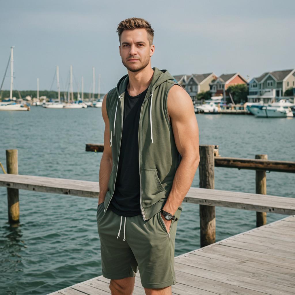 Man in Casual Workout Attire on Dock by Marina