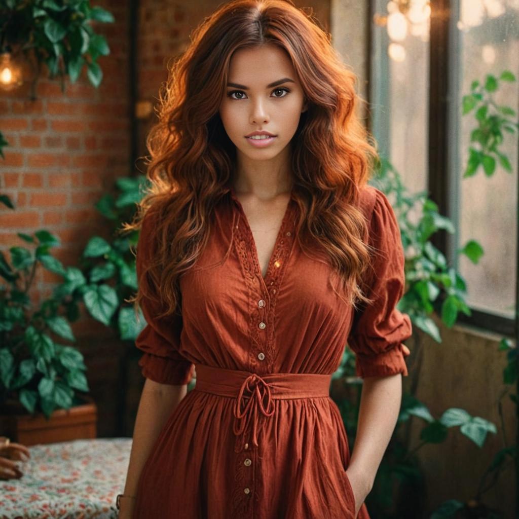 Woman with Red Hair in Rustic Setting